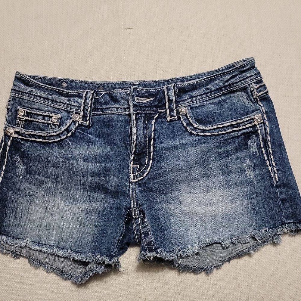 Miss Me Blue Frayed Hem Jean Shorts
